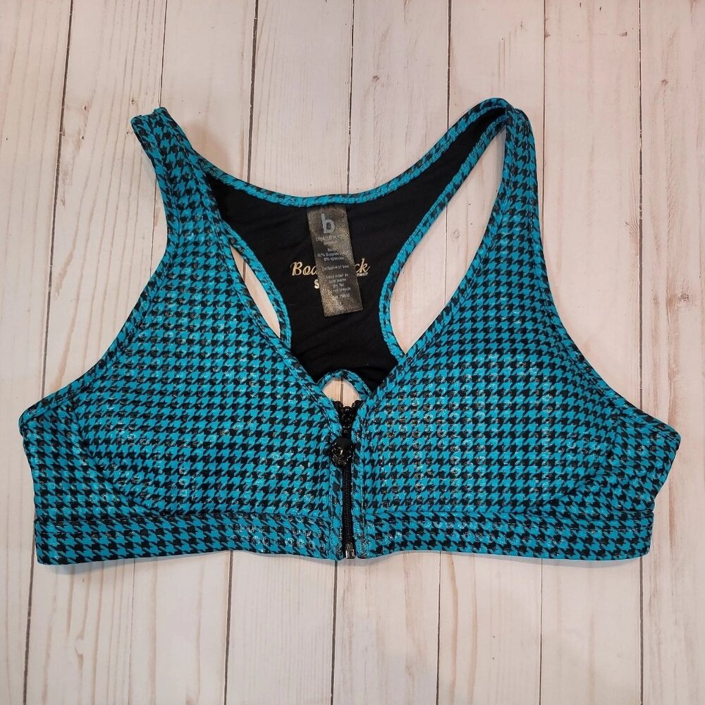 Body Rock by Kelly Dooley Houndstooth Skull Zip Up Bra L Blue NWOT